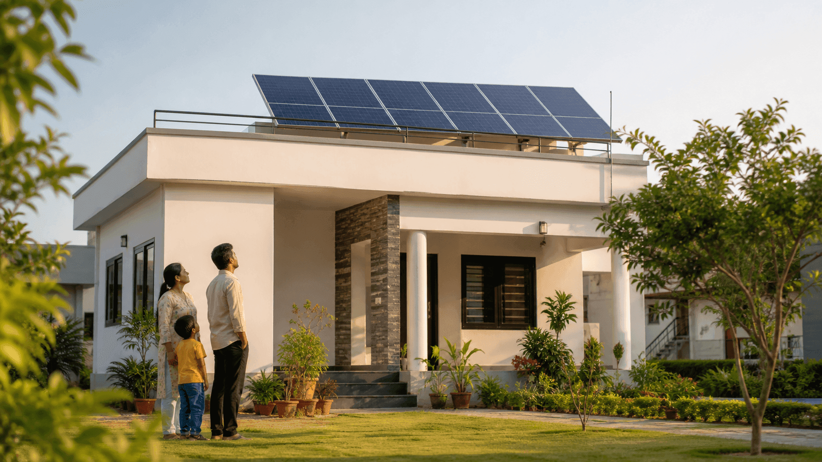 Modern independent house in Bihar with rooftop solar panels