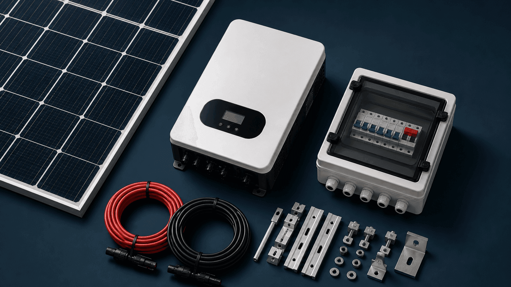 Solar components including PV panels, smart inverters, and mounting hardware